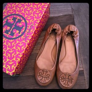 Tory Burch Royal Tan Leather Flats w/ Leather Logo